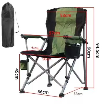 Foldable camping chair with armrests and carry bag, showing size dimensions for outdoor camping use