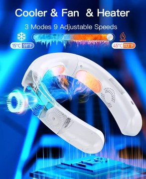 Close up of the 3 refrigeration mode buttons on a neck fan.