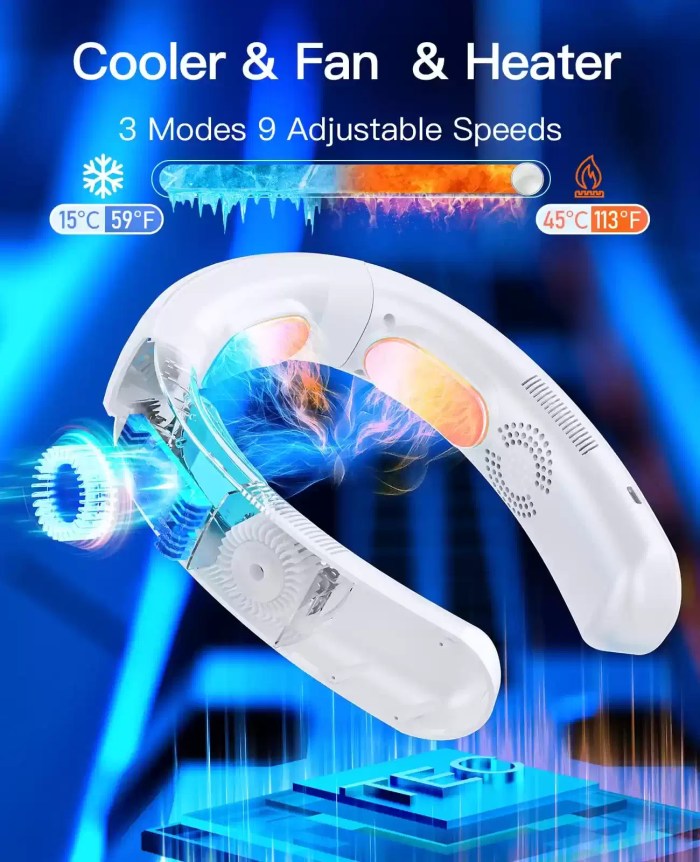 Close up of the 3 refrigeration mode buttons on a neck fan.