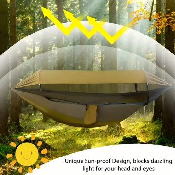 Sun-proof camping hammock with mosquito net, providing shade and comfort for UK outdoor use