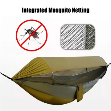 Camping hammock with integrated mosquito net for insect protection during UK outdoor trips