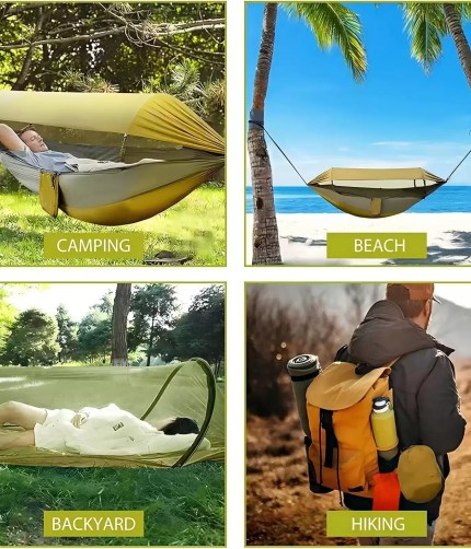 Waterproof awning shelter over a hanging hammock.