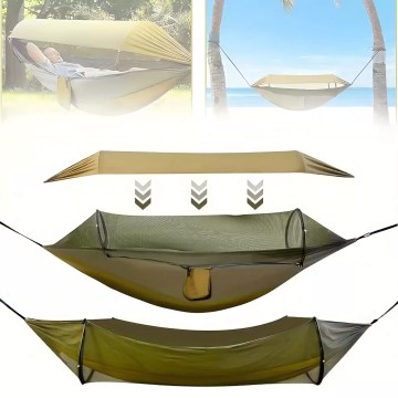 Layered camping hammock with mosquito net and sun shade, ideal for UK outdoor use
