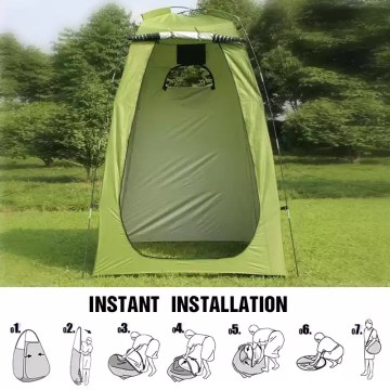 Weather-resistant portable shower shelter with ventilation and storage pockets.