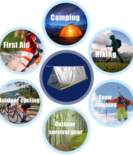 Emergency shelter set up quickly on a rocky hiking trail.