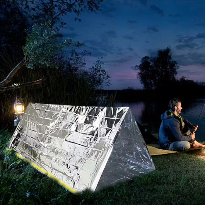 Portable First Aid Tent for 2 People_3 Hikers using a waterproof emergency shelter with a Mylar blanket during a storm.