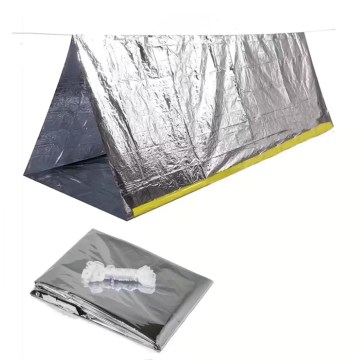 Portable first aid tent for 2 people in high-visibility silver/orange.