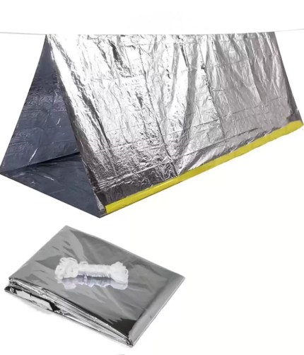 Portable first aid tent for 2 people in high-visibility silver/orange.