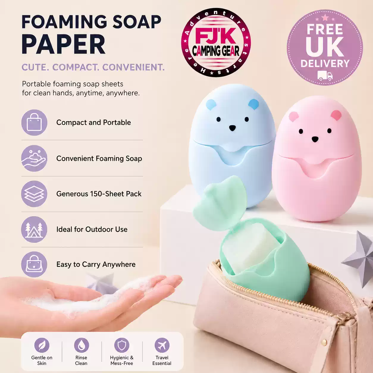 Portable foaming soap paper sheets in compact travel cases for camping, outdoor use and hand washing