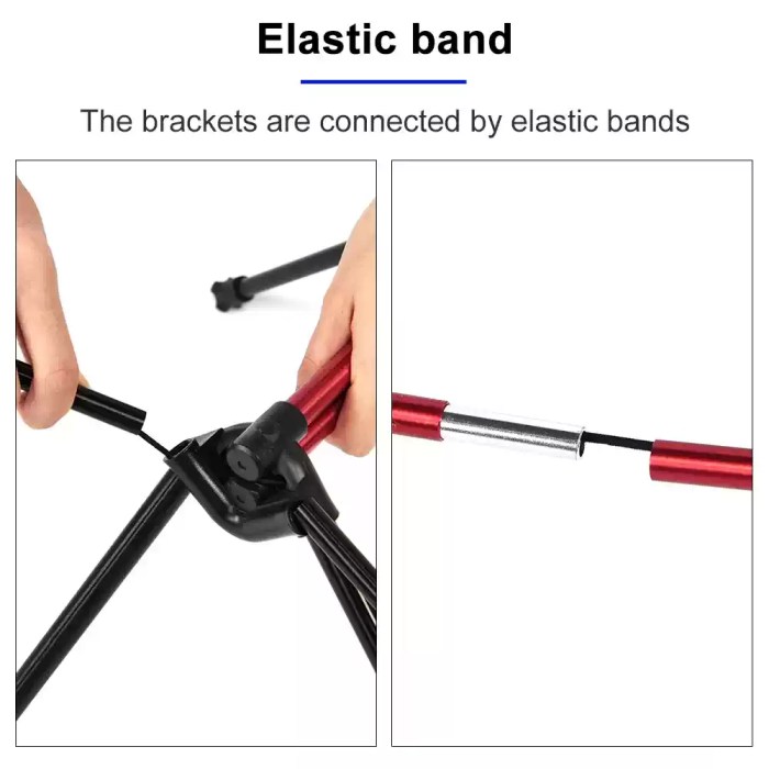 Close-up of the shock-corded aluminum legs on a folding travel table for hiking.