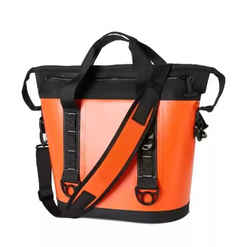 Inside view of the thermal bag filled with cold drinks and ice packs.