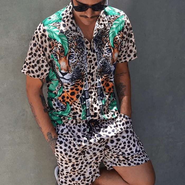 Men's bold leopard print matching outfit with a breathable shirt and adjustable shorts.