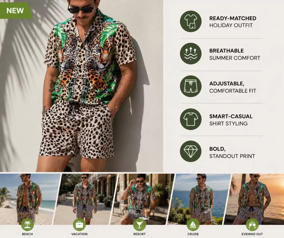 Men's bold leopard print matching outfit featuring a breathable shirt and adjustable shorts for summer vacation and beach wear.