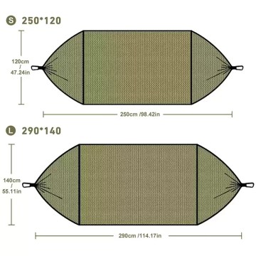 Camping hammock size chart showing small and large options with length and width dimensions