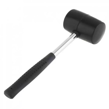 Black rubber hammer with round head used for stakes on a nature hike.