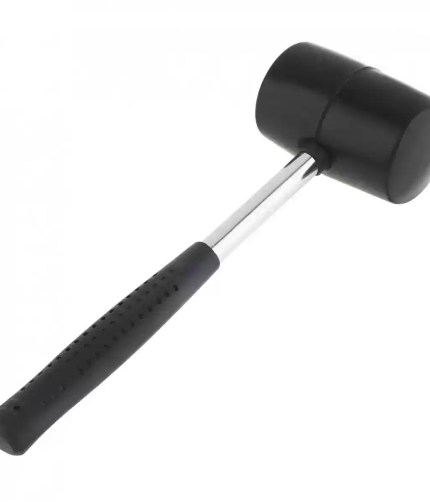 Black rubber hammer with round head used for stakes on a nature hike.