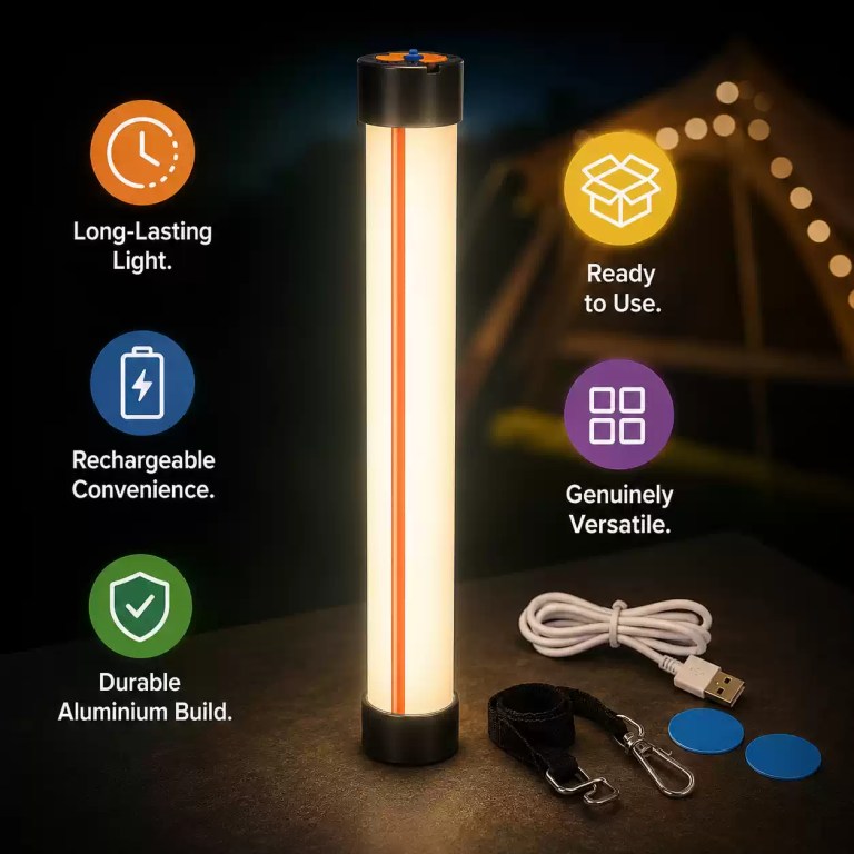 Rechargeable LED tube work light with a durable aluminum build, long-lasting battery, and included USB charging cable, lanyard, and mounting accessories for versatile portable lighting.
