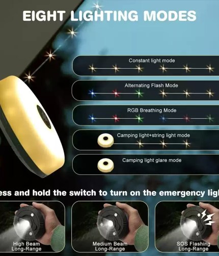 Retractable RGB camping lights used for tent decoration.