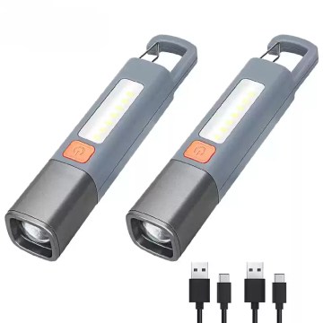 Super bright LED flashlight with zoomable lens and hook.