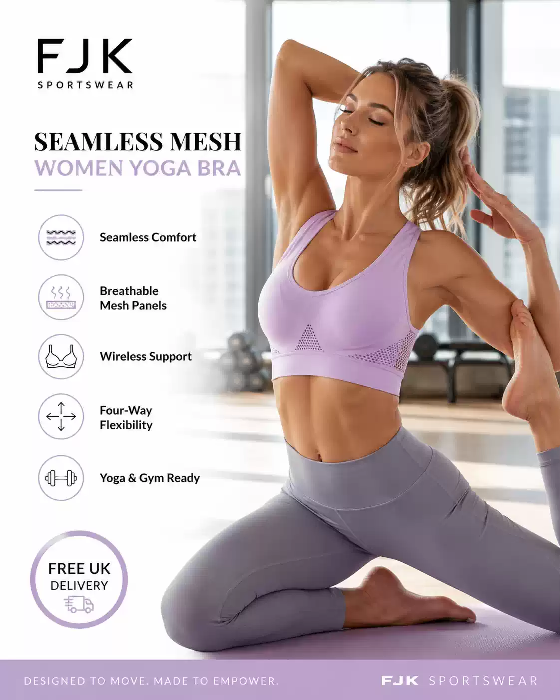 Women's seamless mesh yoga bra with wireless support and breathable fabric for gym and fitness.