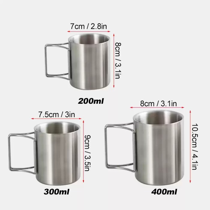 Stainless steel tea cup sitting next to a portable camping kettle and stove.