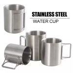 Stainless steel camping cup with foldable handles shown in 200ml, 300ml, and 400ml sizes.