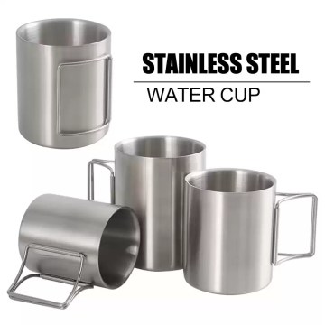 Stainless steel camping cup with foldable handles shown in 200ml, 300ml, and 400ml sizes.