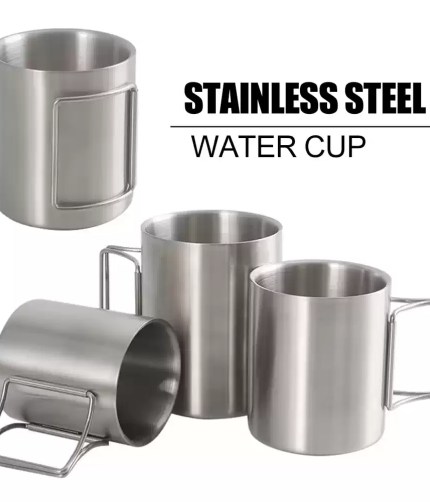 Stainless steel camping cup with foldable handles shown in 200ml, 300ml, and 400ml sizes.