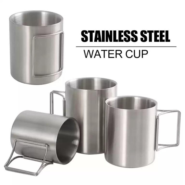 Stainless steel camping cup with foldable handles shown in 200ml, 300ml, and 400ml sizes.
