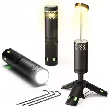 Mini inflatable pump with multiple nozzle attachments for camping.