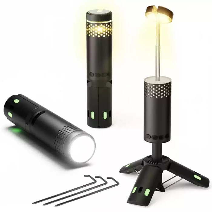 Mini inflatable pump with multiple nozzle attachments for camping.