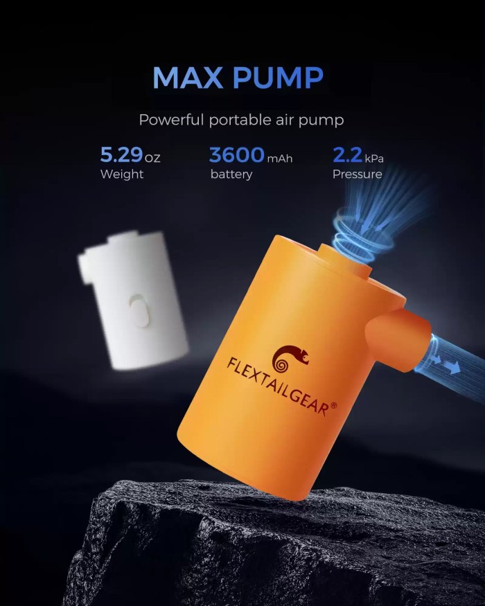 ULTRA-LIGHT ELECTRIC AIR PUMP FOR CAMPING_6 MAX PUMP electric air pump with multiple nozzle attachments.