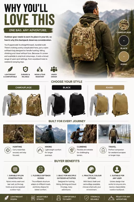 Lightweight nylon outdoor backpack available in camouflage, black, and khaki.