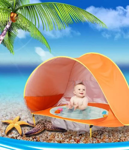 Features a mini pool at the bottom so babies can splash in the shade.