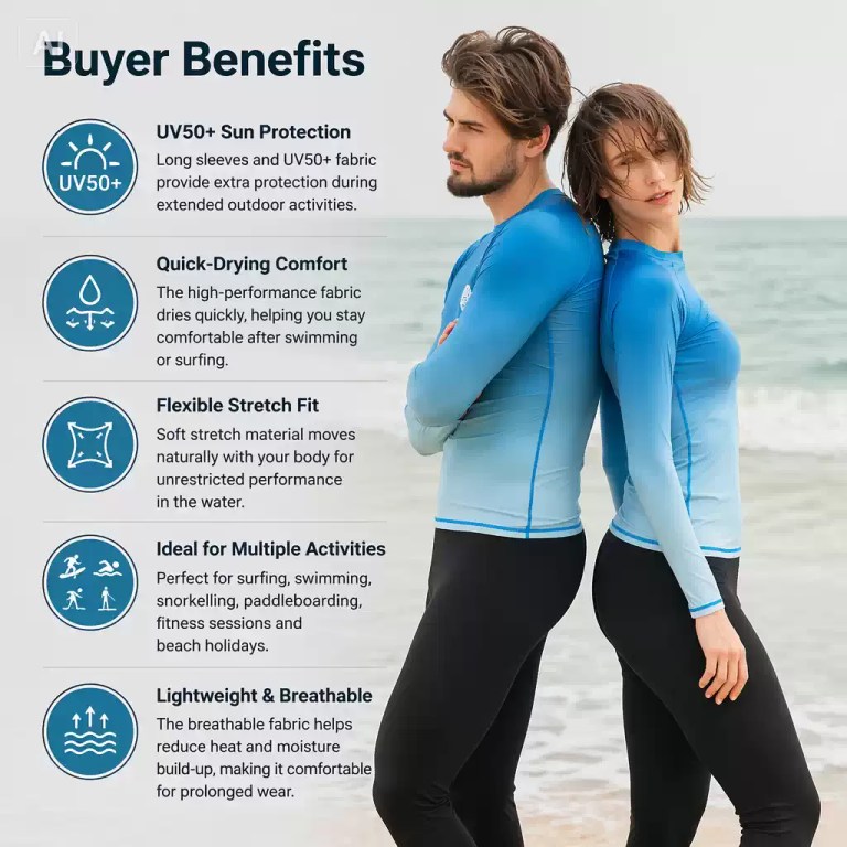 Infographic displaying the sun protection, quick-drying, and stretch benefits of a long-sleeve UV50+ rash guard.