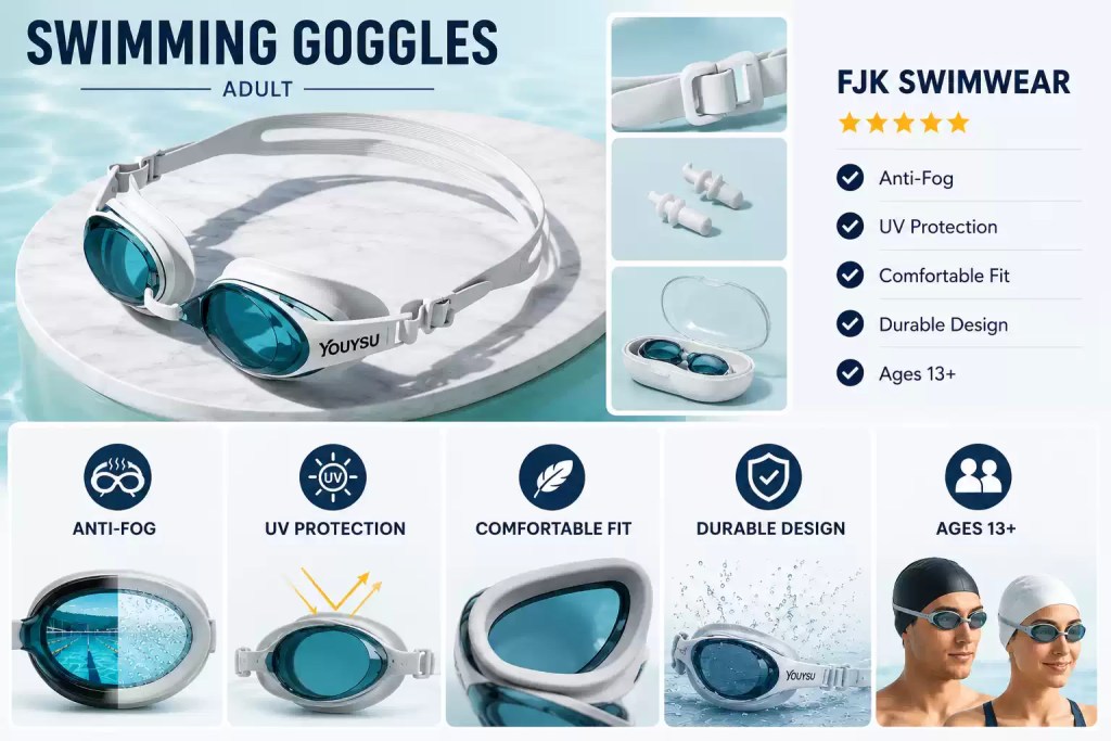 Comfortable anti-fog adult swimming goggles with UV protection for ages 13+.