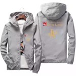 Grey hooded windbreaker jacket showing front and back logo print.