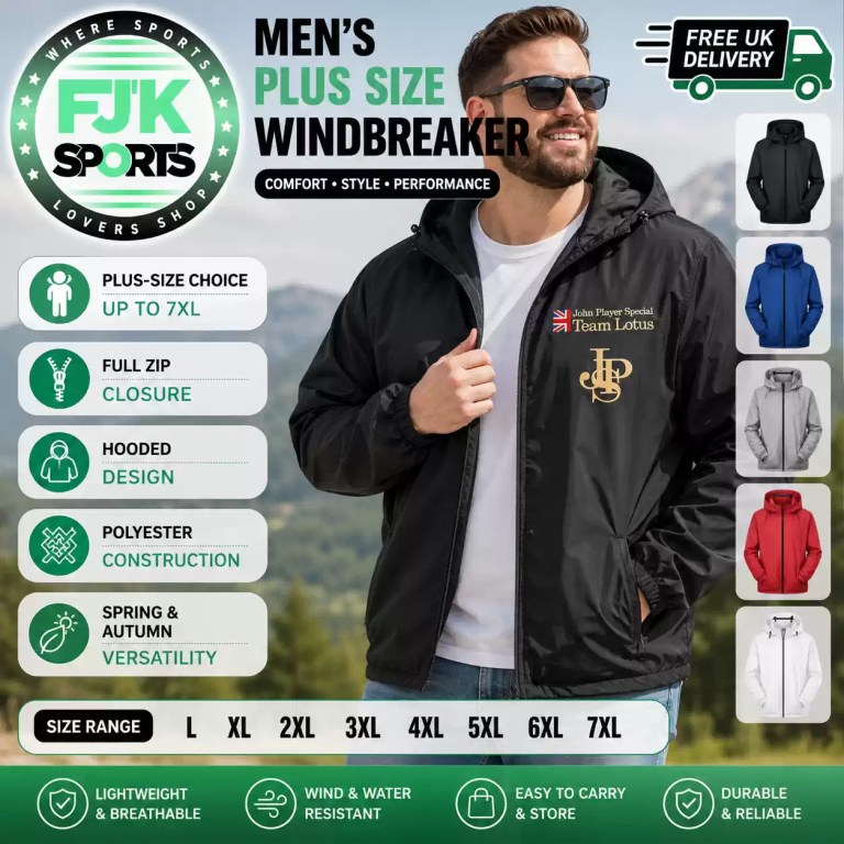 Man wearing black plus size hooded windbreaker jacket outdoors.