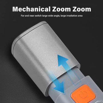 Rechargeable camping torch with mechanical zoom focus and wide beam adjustment