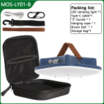 A blue MOS-LY01-B LED camping light shown with its complete packing list and accessories, including a Type-C cable, "S" buckle, hanging rope, brown belt, and a black storage bag.