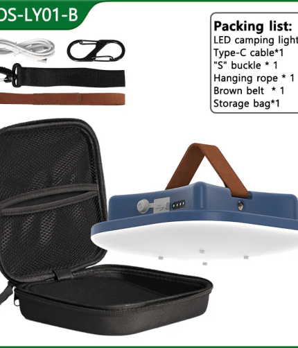 A blue MOS-LY01-B LED camping light shown with its complete packing list and accessories, including a Type-C cable, "S" buckle, hanging rope, brown belt, and a black storage bag.