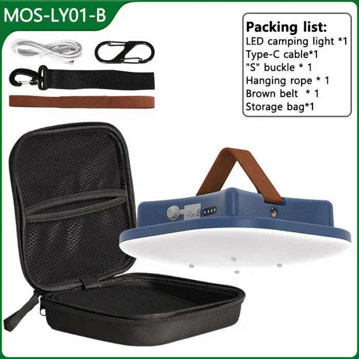 A blue MOS-LY01-B LED camping light shown with its complete packing list and accessories, including a Type-C cable, "S" buckle, hanging rope, brown belt, and a black storage bag.