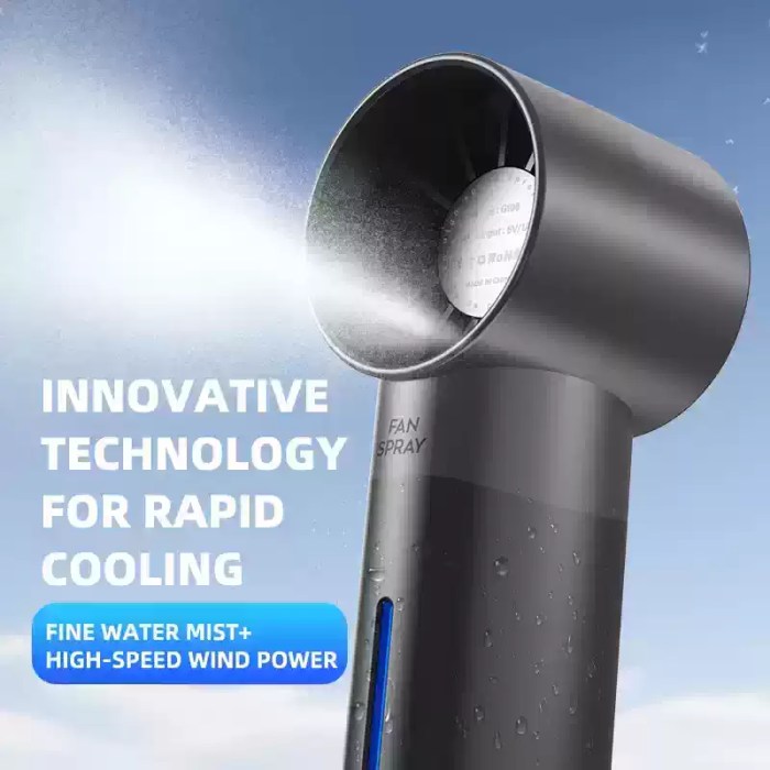 Handheld fan emitting fine water mist spray