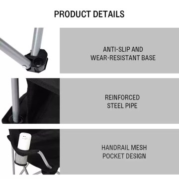 Camping chair product details with anti-slip base and steel frame