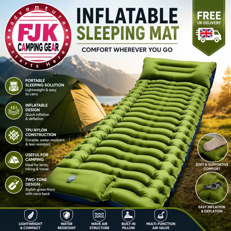 Green inflatable sleeping mat with built-in pillow set outdoors on grass