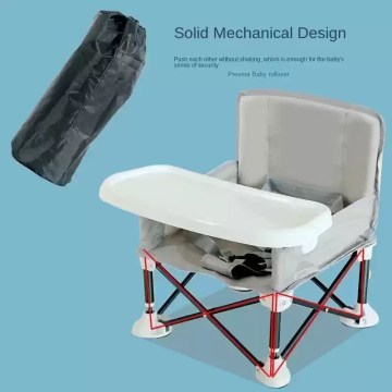 Foldable baby camping high chair with solid mechanical design, safety tray and anti-slip legs, shown with carry bag for stable, portable outdoor use during travel and picnics.