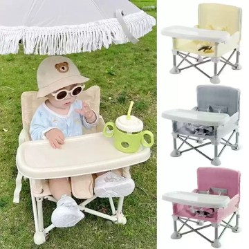 Portable baby camping high chair with foldable frame and safety tray, shown in multiple colour options, ideal for outdoor picnics, camping trips and family travel.