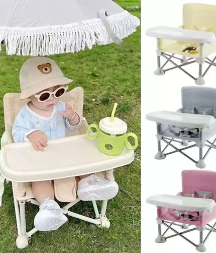 Portable baby feeding chair with safety belt and alloy frame.