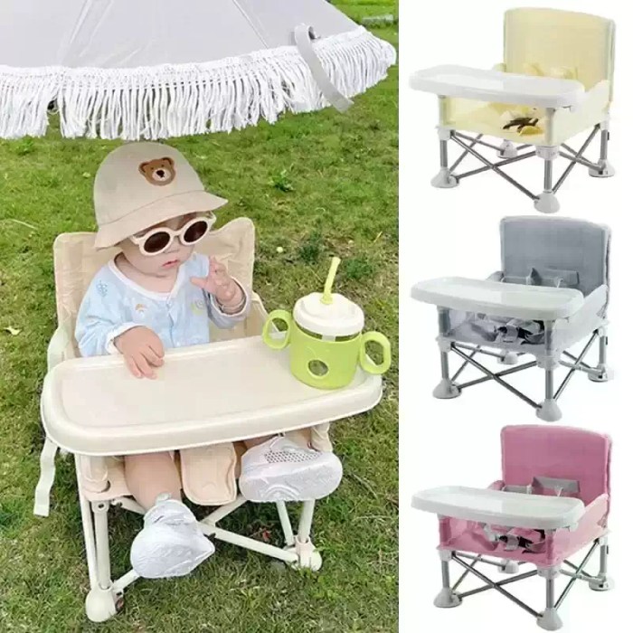 Portable baby feeding chair with safety belt and alloy frame.