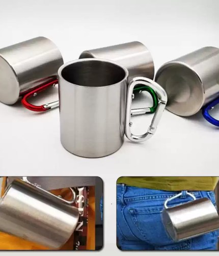 Close-up of the secure carabiner attachment on the travel cup.